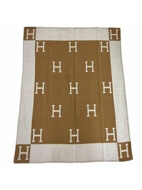 Hermes Plaid Avalon Wool Cashmere Ecru Camel Blanket